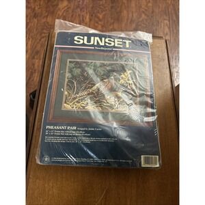 Sunset Needlepoint Pheasant Pair 1998 Jamie Carter Rooster Hen  16x12 New Opened